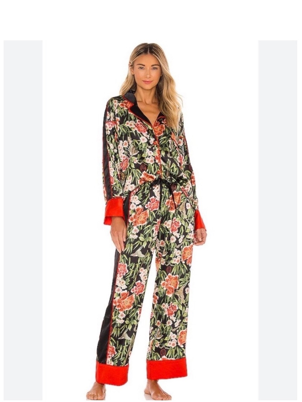We Are HAH Haht PJ Pajama Set Flock2gether Noir Satin floral birds red/black XL
